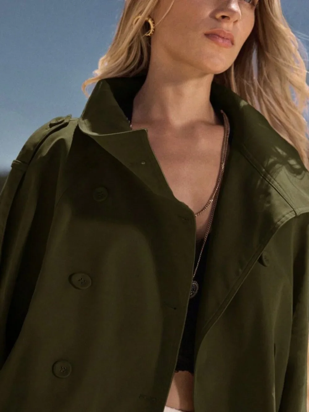 Olive Green Oversized Cropped Trench Jacket with Belted Cuffs